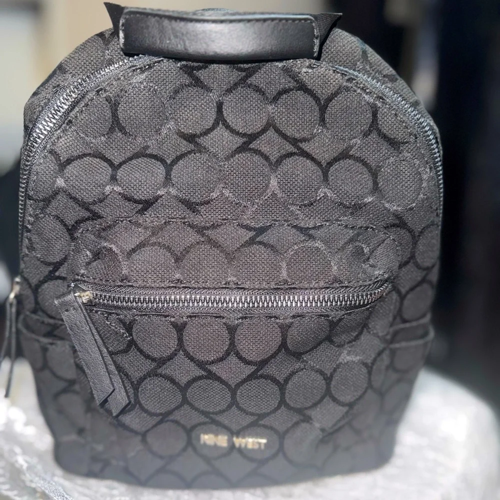 Chic & Compact: Nine West Taren Mini backpack Black logo canvas & leather